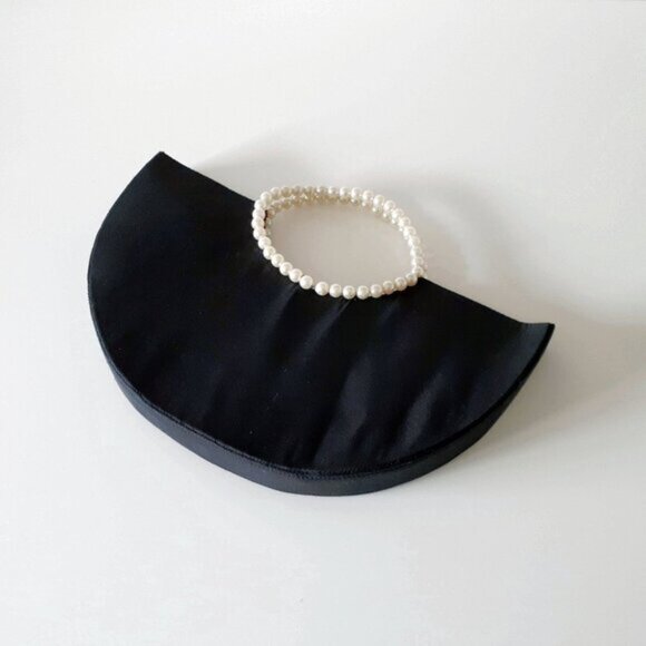 EUC Shiraleah black crescent shaped handbag w faux pearl handles and embroidery - Picture 3 of 8